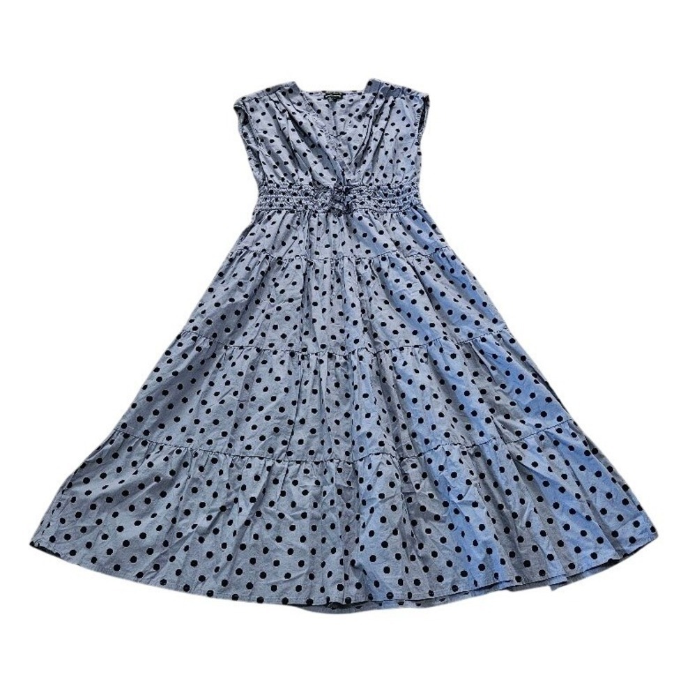 Meadow Rhodes Tiered Midi Dress Petite Large Blue Polka Dot Cotton Smocked Waist